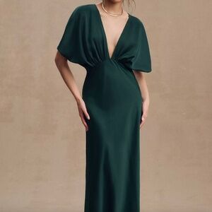 BHLDN Leila Deep V Flutter Sleeve A-Line Satin Gown - Emerald Green